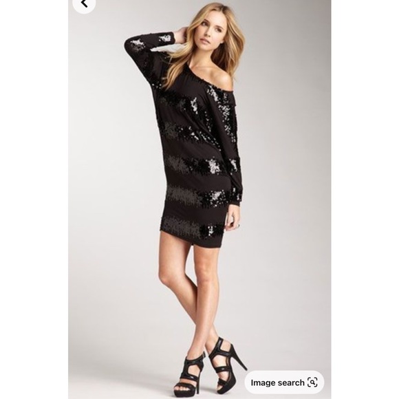 Anthro NANETTE LEPORE Black Wavy Sequin Striped Long Sleeve Dress - Picture 2 of 16